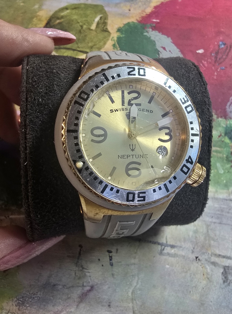 Vintage Swiss Legend Neptune Gold Dial Watch with Gray Strap 42mm